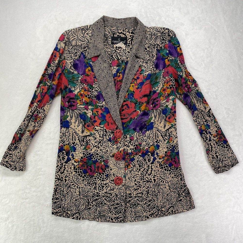 Carole Little Boyfriend Blazer‎ Women's 4 Petite Mixed Floral USA Vtg 90s